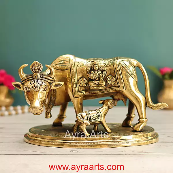 Lakshmi Ganesh Engraved Brass Kamdhenu Cow and Calf Idol for Pooja Mandir - 5.5 Inch Height