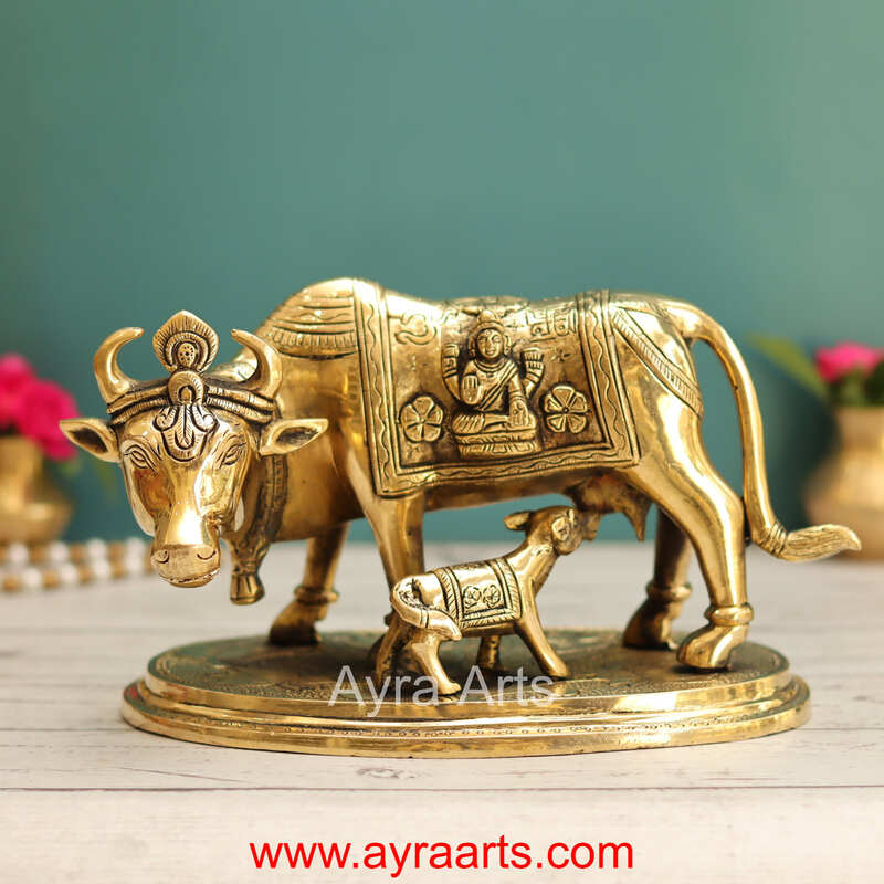 Lakshmi Ganesh Engraved Brass Kamdhenu Cow and Calf Idol for Pooja Mandir - 5.5 Inch Height