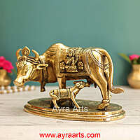 Lakshmi Ganesh Engraved Brass Kamdhenu Cow and Calf Idol for Pooja Mandir - 5.5 Inch Height