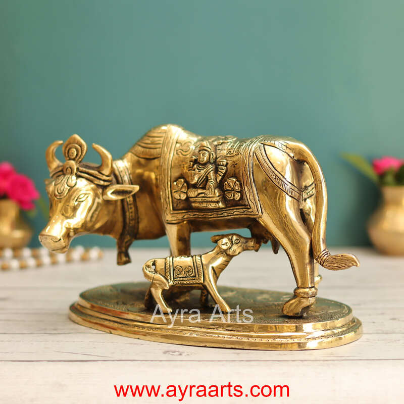Lakshmi Ganesh Engraved Brass Kamdhenu Cow and Calf Idol for Pooja Mandir - 5.5 Inch Height