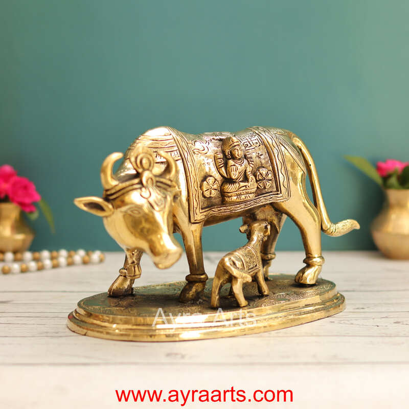 Lakshmi Ganesh Engraved Brass Kamdhenu Cow and Calf Idol for Pooja Mandir - 5.5 Inch Height