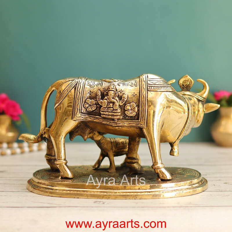 Lakshmi Ganesh Engraved Brass Kamdhenu Cow and Calf Idol for Pooja Mandir - 5.5 Inch Height