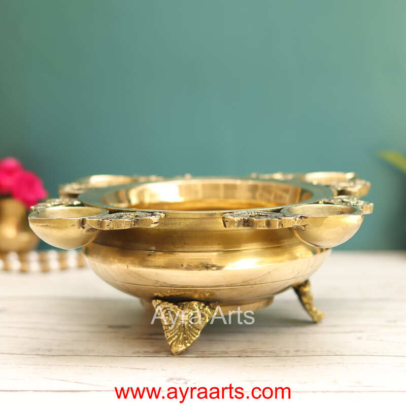 Brass Four Wick Diya Urli - 10 Inch Lenght
