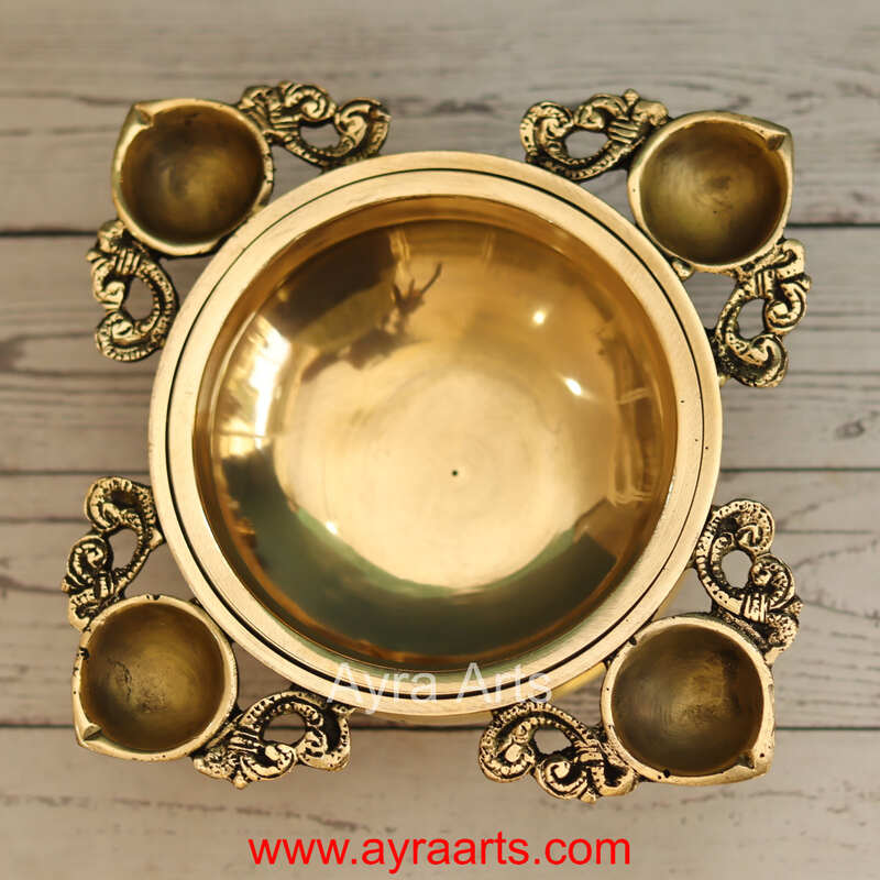 Brass Four Wick Diya Urli - 10 Inch Lenght