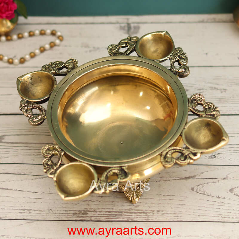 Brass Four Wick Diya Urli - 10 Inch Lenght