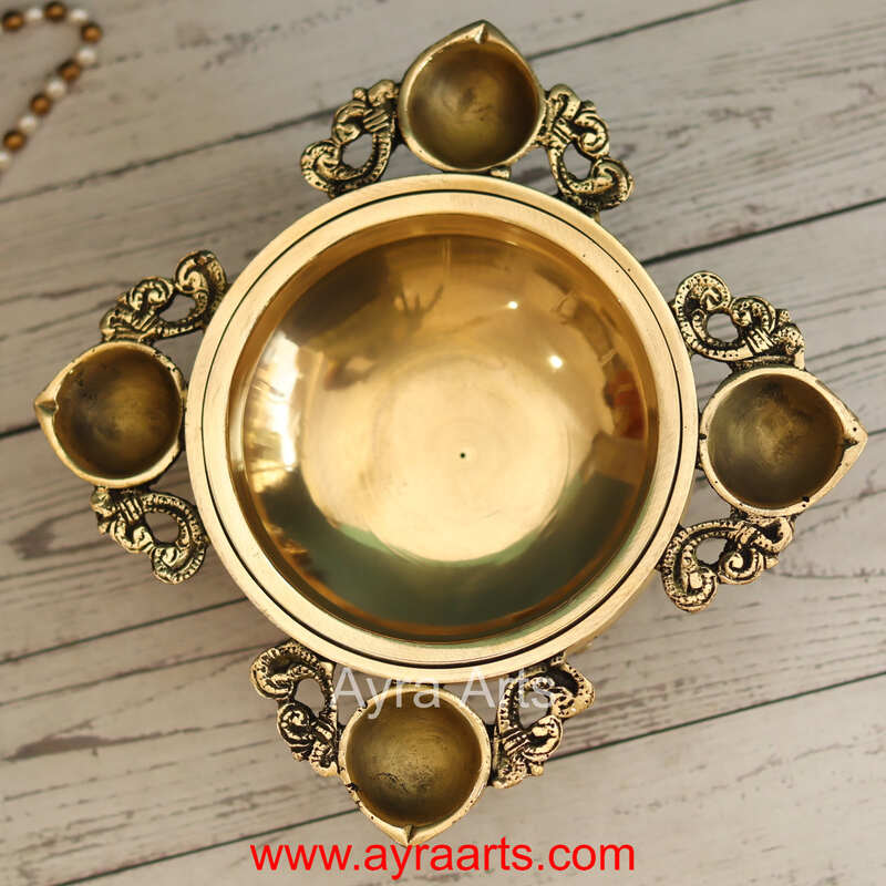 Brass Four Wick Diya Urli - 10 Inch Lenght