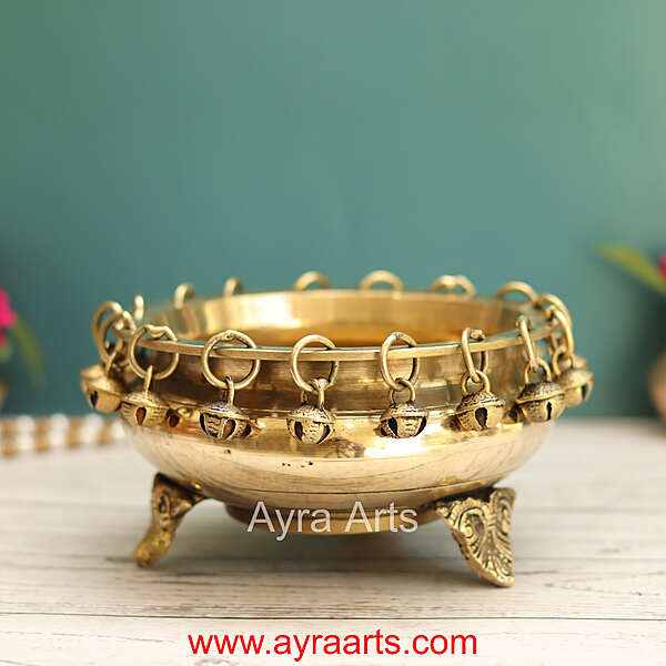 Brass Ghungroo Urli with Stand Traditional bowl for flower decoration - 6.5 Inch Length