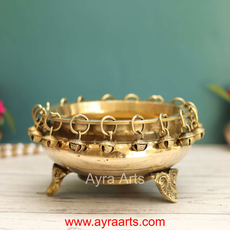 Brass Ghungroo Urli with Stand Traditional bowl for flower decoration - 6.5 Inch Length