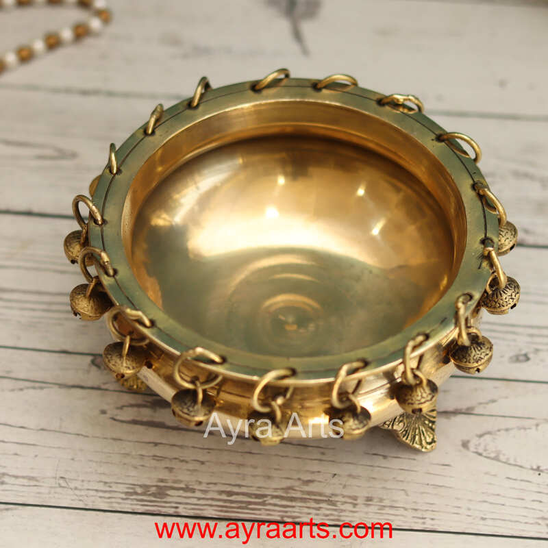 Brass Ghungroo Urli with Stand Traditional bowl for flower decoration - 6.5 Inch Length