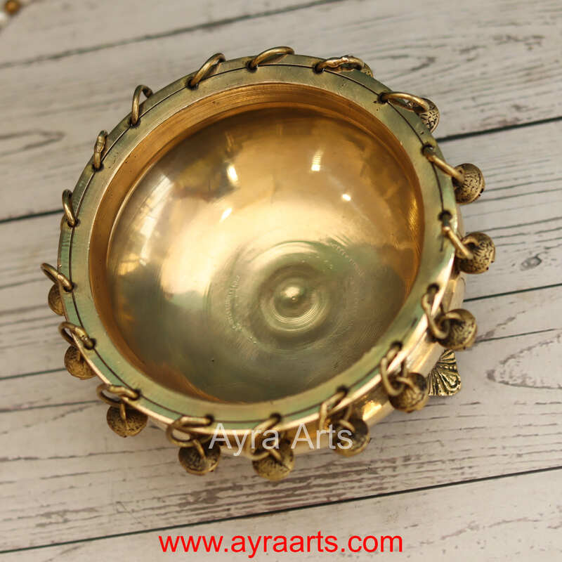 Brass Ghungroo Urli with Stand Traditional bowl for flower decoration - 6.5 Inch Length