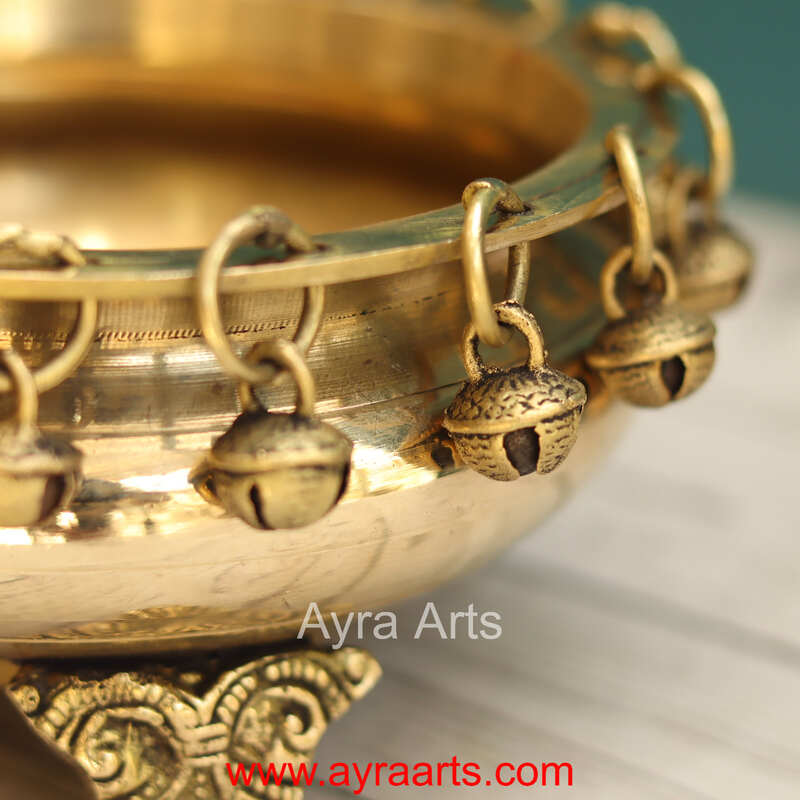 Brass Ghungroo Urli with Stand Traditional bowl for flower decoration - 6.5 Inch Length