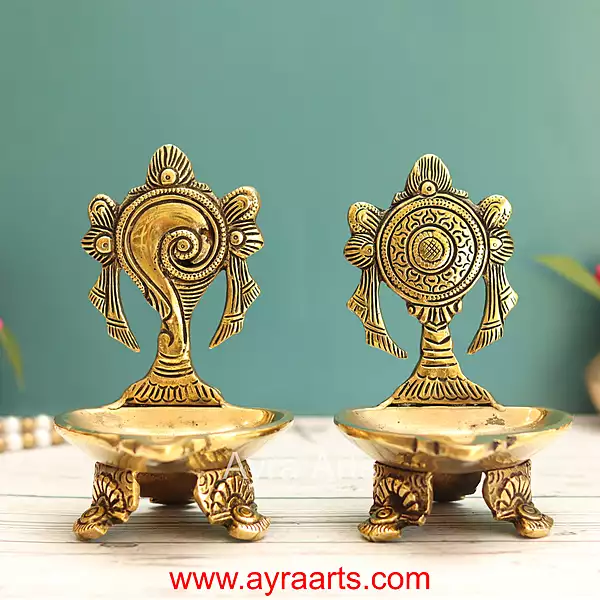 Brass Shanku Chakra Deepam Set - 5.5 Inch Height
