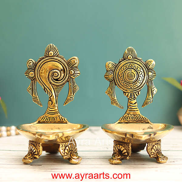 Brass Shanku Chakra Deepam Set - 5.5 Inch Height