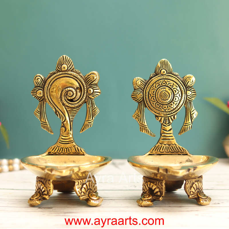Brass Shanku Chakra Deepam Set - 5.5 Inch Height