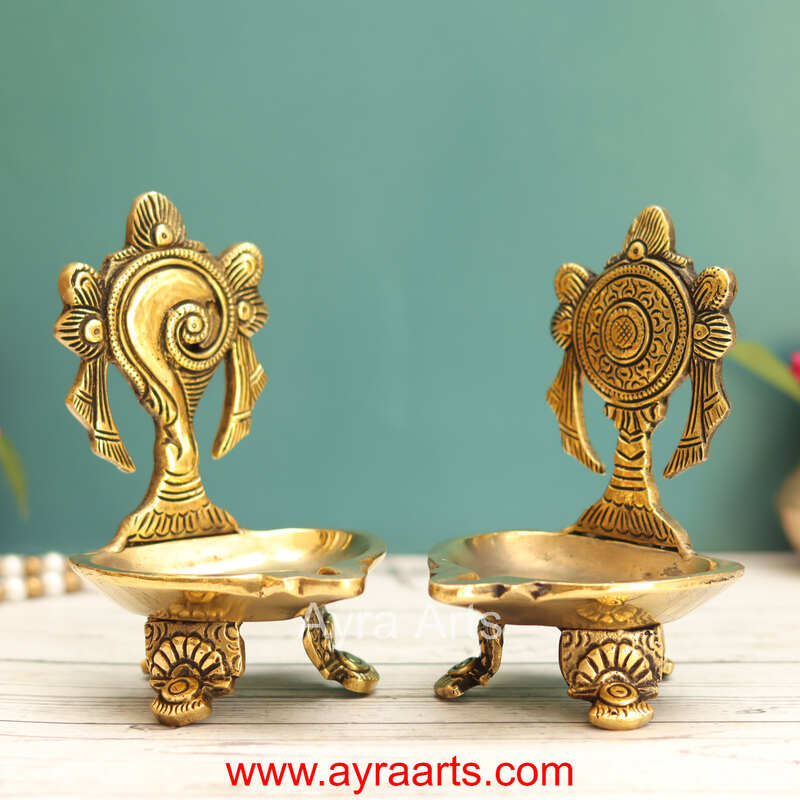 Brass Shanku Chakra Deepam Set - 5.5 Inch Height