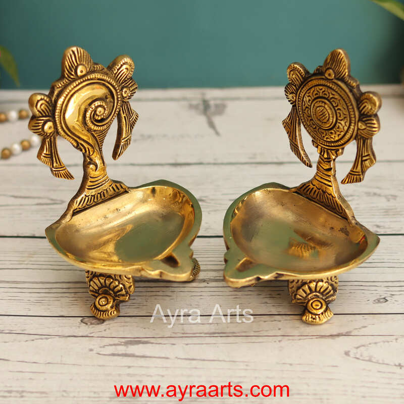 Brass Shanku Chakra Deepam Set - 5.5 Inch Height