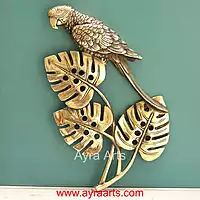 Brass Tropical Parrot with Leaves Wall Decor Set - 12.5 Inch Height
