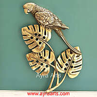 Brass Tropical Parrot with Leaves Wall Decor Set - 12.5 Inch Height