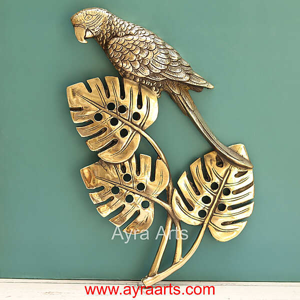 Brass Tropical Parrot with Leaves Wall Decor Set - 12.5 Inch Height