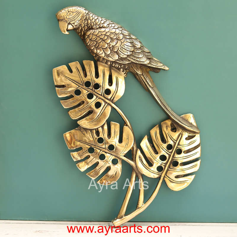 Brass Tropical Parrot with Leaves Wall Decor Set - 12.5 Inch Height
