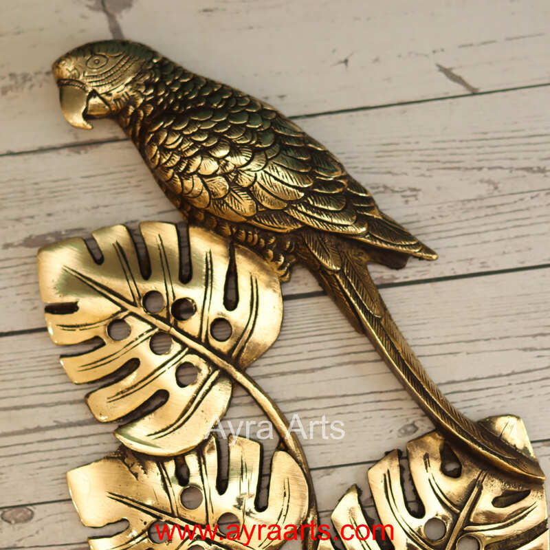 Brass Tropical Parrot with Leaves Wall Decor Set - 12.5 Inch Height