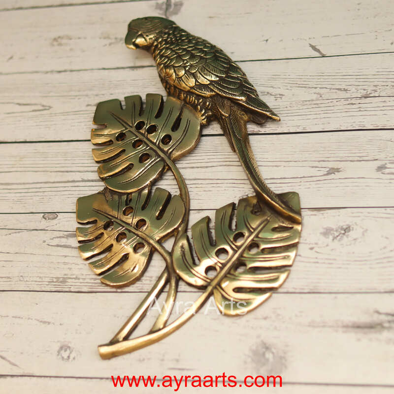 Brass Tropical Parrot with Leaves Wall Decor Set - 12.5 Inch Height