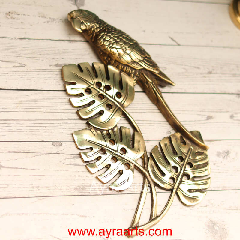 Brass Tropical Parrot with Leaves Wall Decor Set - 12.5 Inch Height