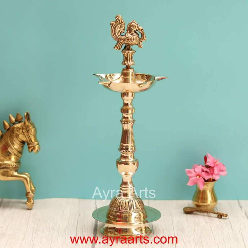 Traditional Brass Mayura Sammai Panchmukhi Peacock Deepak 5 Wick Oil Lamp