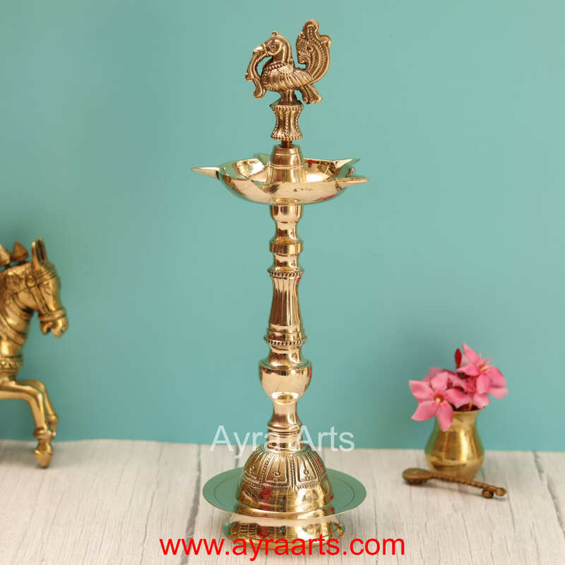 Traditional Brass Mayura Sammai Panchmukhi Peacock Deepak 5 Wick Oil Lamp
