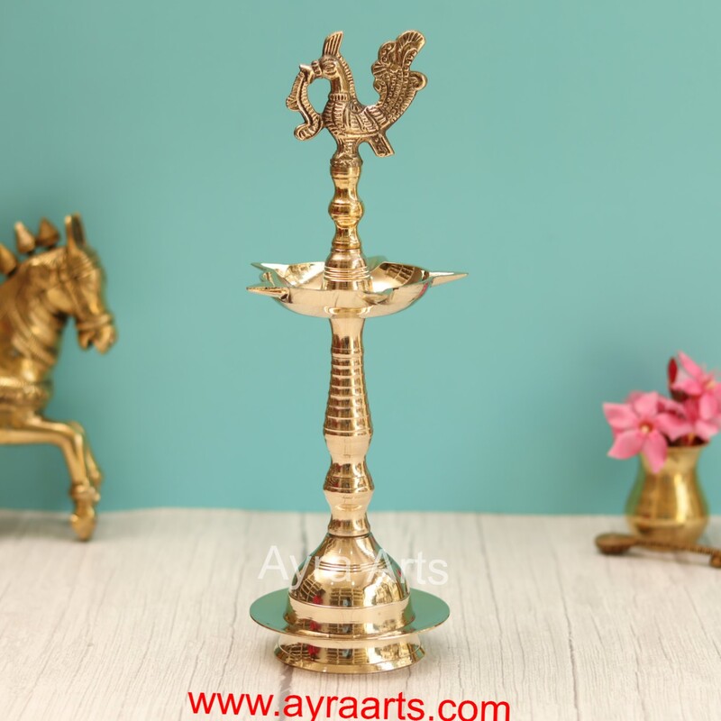 Traditional Brass Kerala Fancy Panchmukhi Peacock More Murga Deepak 5 Wicks Oil Lamp