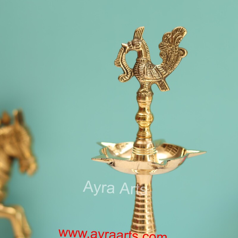 Traditional Brass Kerala Fancy Panchmukhi Peacock More Murga Deepak 5 Wicks Oil Lamp