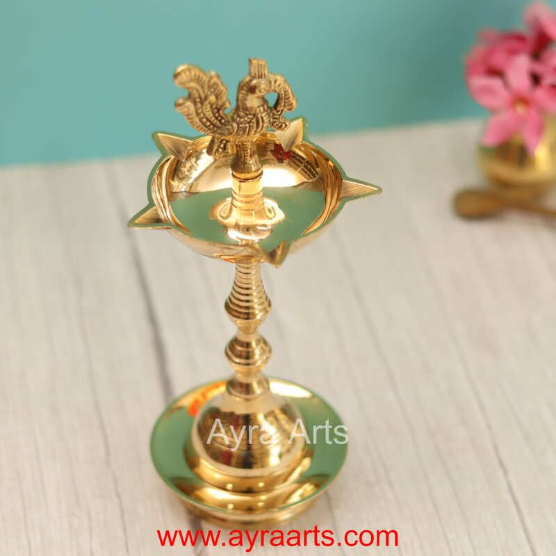 Traditional Brass Kerala Fancy Panchmukhi Peacock More Murga Deepak 5 Wicks Oil Lamp