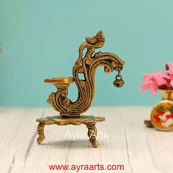 Handcrafted Brass Diya Bell with Parrot Ethnic Oil Dia for Mandir - 6 Inch Height