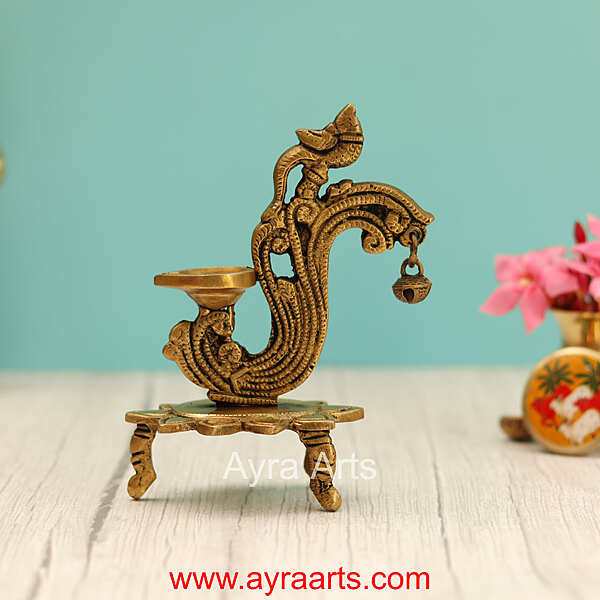 Handcrafted Brass Diya Bell with Parrot Ethnic Oil Dia for Mandir - 6 Inch Height