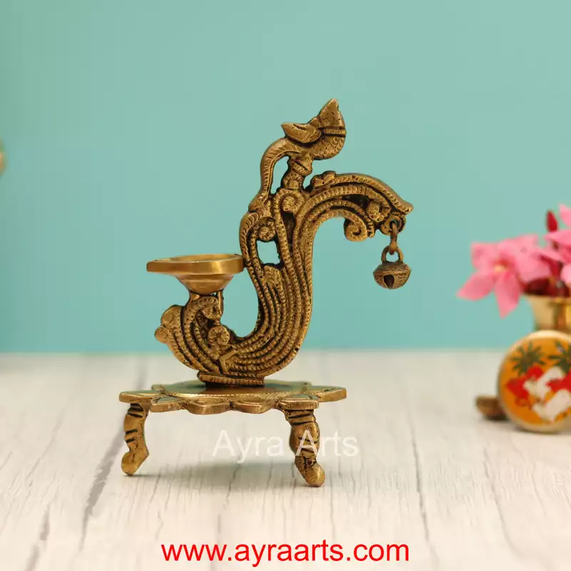 Handcrafted Brass Diya Bell with Parrot Ethnic Oil Dia for Mandir - 6 Inch Height