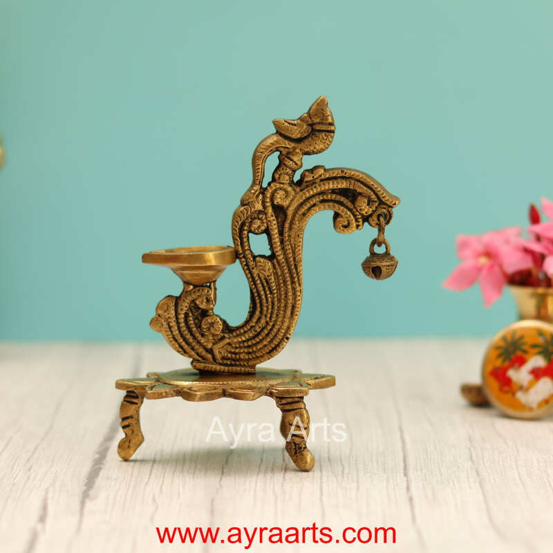 Handcrafted Brass Diya Bell with Parrot Ethnic Oil Dia for Mandir - 6 Inch Height