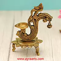 Handcrafted Brass Diya Bell with Parrot Ethnic Oil Dia for Mandir - 6 Inch Height