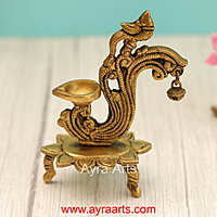 Handcrafted Brass Diya Bell with Parrot Ethnic Oil Dia for Mandir - 6 Inch Height