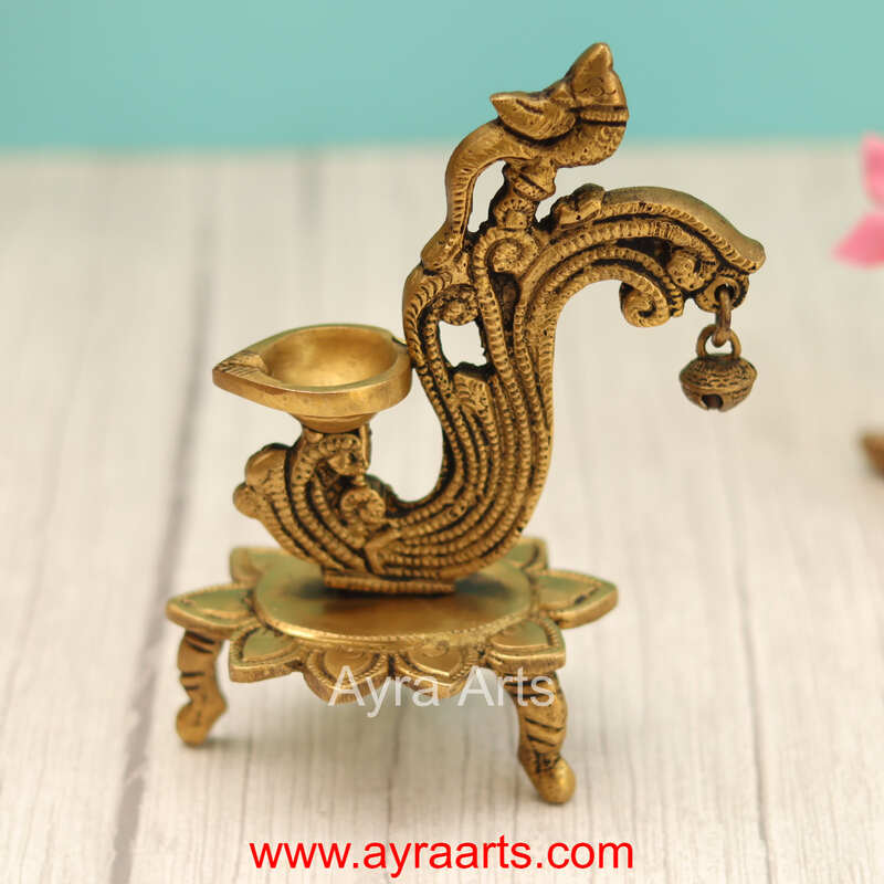 Handcrafted Brass Diya Bell with Parrot Ethnic Oil Dia for Mandir - 6 Inch Height