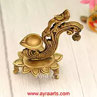 Handcrafted Brass Diya Bell with Parrot Ethnic Oil Dia for Mandir - 6 Inch Height