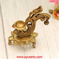 Handcrafted Brass Diya Bell with Parrot Ethnic Oil Dia for Mandir - 6 Inch Height