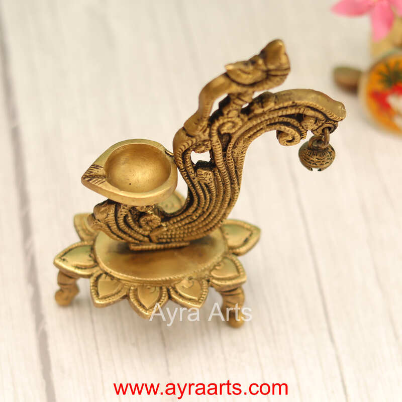 Handcrafted Brass Diya Bell with Parrot Ethnic Oil Dia for Mandir - 6 Inch Height