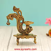 Handcrafted Brass Diya Bell with Parrot Ethnic Oil Dia for Mandir - 6 Inch Height