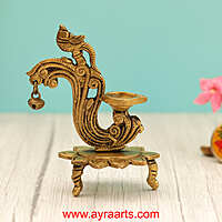 Handcrafted Brass Diya Bell with Parrot Ethnic Oil Dia for Mandir - 6 Inch Height