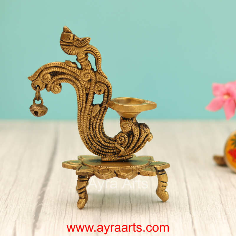 Handcrafted Brass Diya Bell with Parrot Ethnic Oil Dia for Mandir - 6 Inch Height