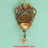 Brass Double Parrot Wall Hanging Bell Diya - 7 Inch Height