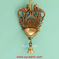 Brass Double Parrot Wall Hanging Bell Diya - 7 Inch Height