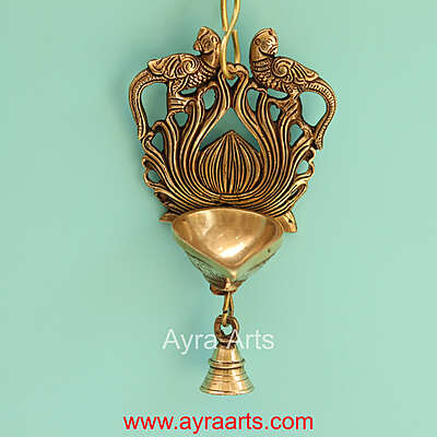 Brass Double Parrot Wall Hanging Bell Diya - 7 Inch Height