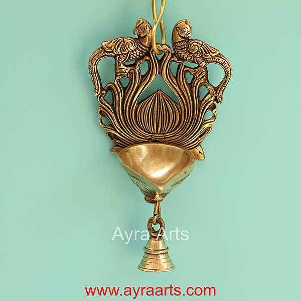 Brass Double Parrot Wall Hanging Bell Diya - 7 Inch Height