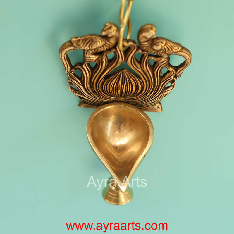 Brass Double Parrot Wall Hanging Bell Diya - 7 Inch Height